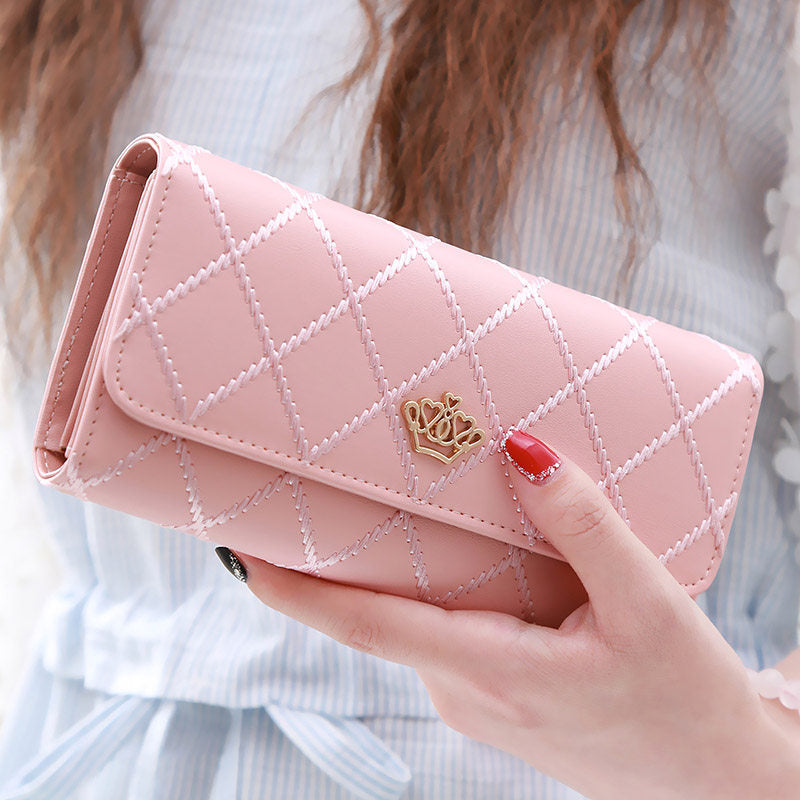 New popular women's wallet, long multi-functional rhombic crown embroidered tri-fold wallet, women's large-capacity mobile phone bag