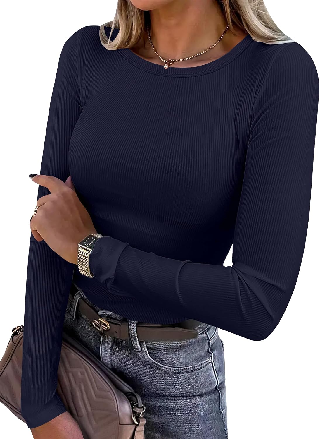 Women Long Sleeve Shirts Ribbed Fitted Tops