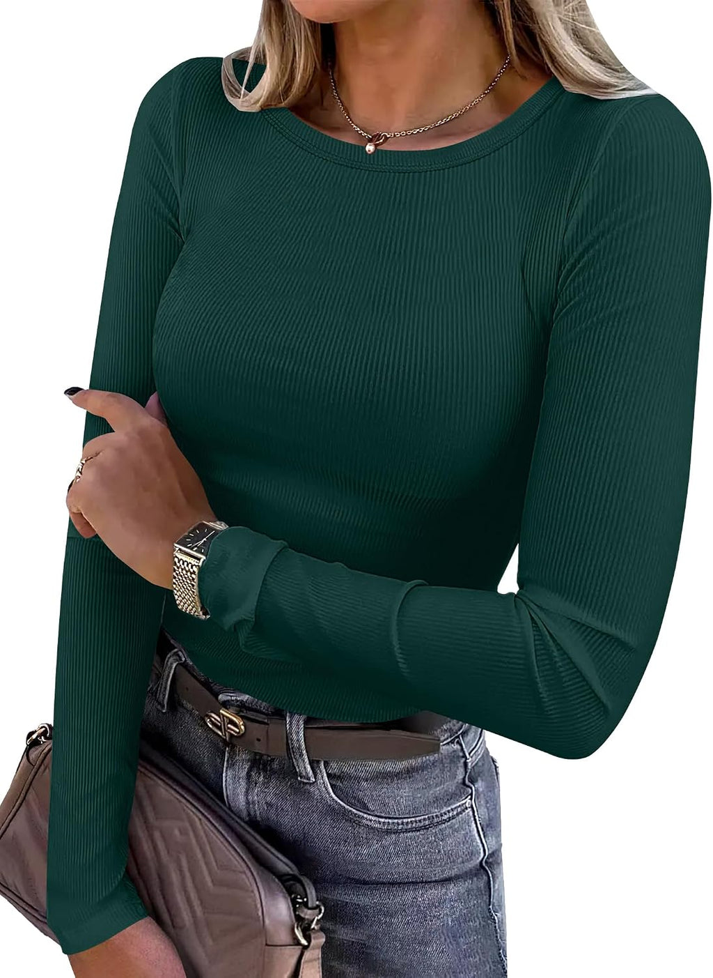Women Long Sleeve Shirts Ribbed Fitted Tops