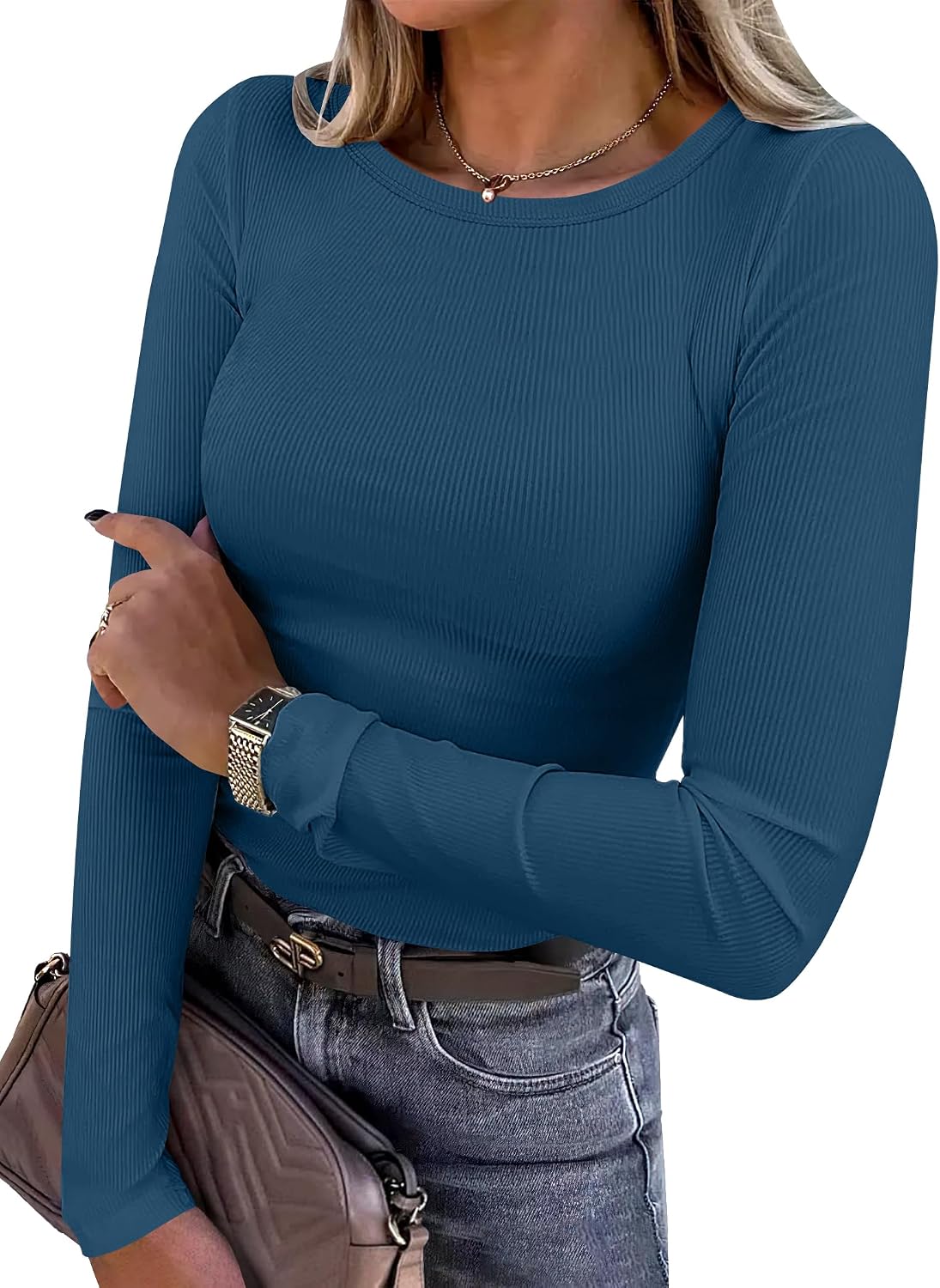 Women Long Sleeve Shirts Ribbed Fitted Tops