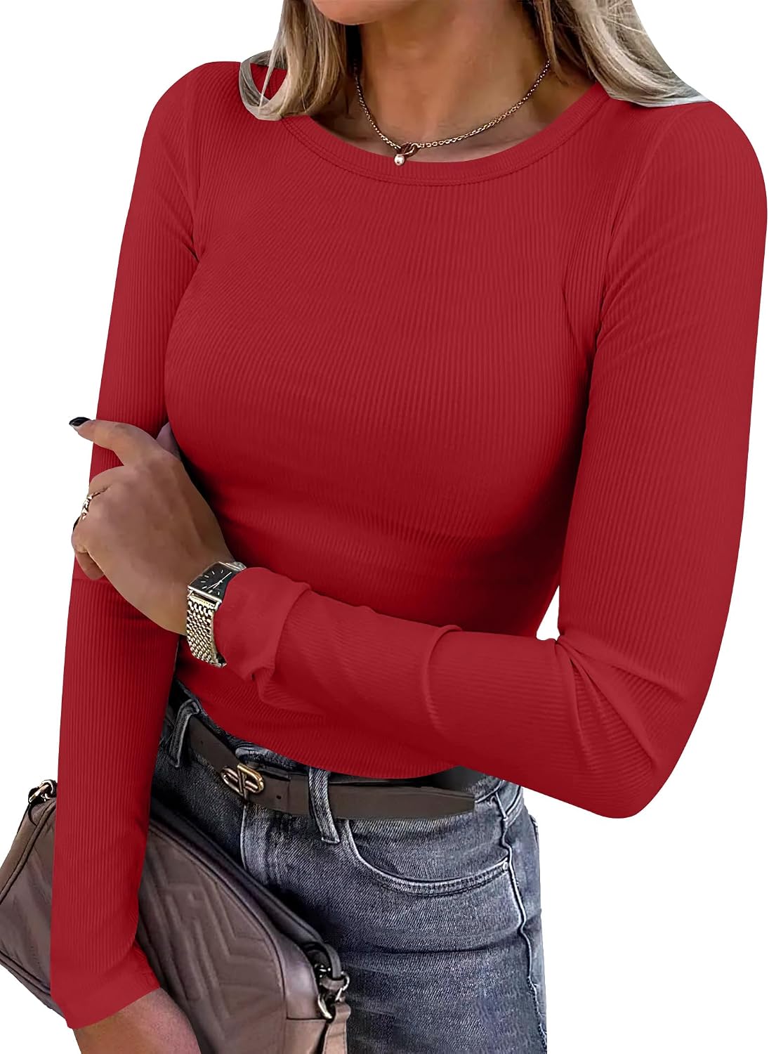 Women Long Sleeve Shirts Ribbed Fitted Tops