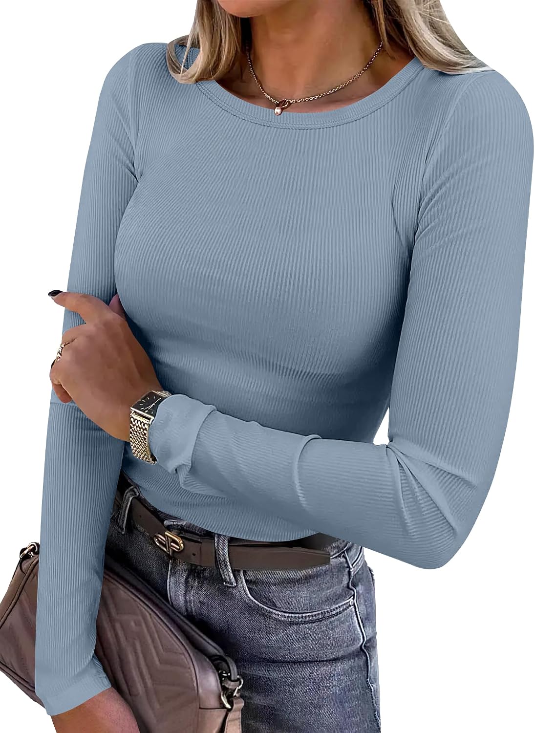 Women Long Sleeve Shirts Ribbed Fitted Tops