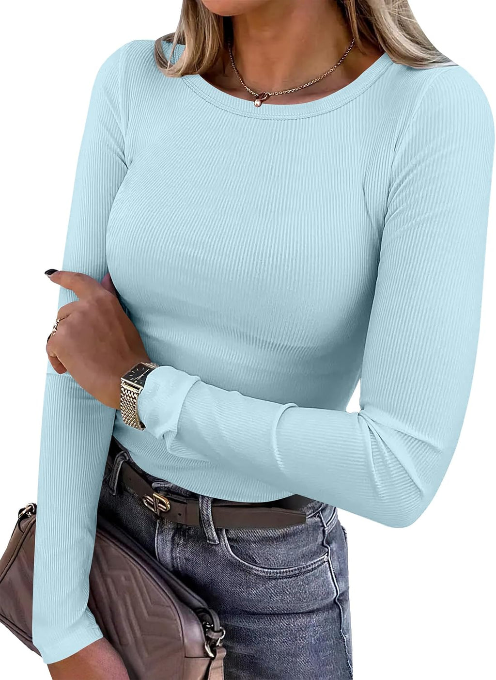Women Long Sleeve Shirts Ribbed Fitted Tops