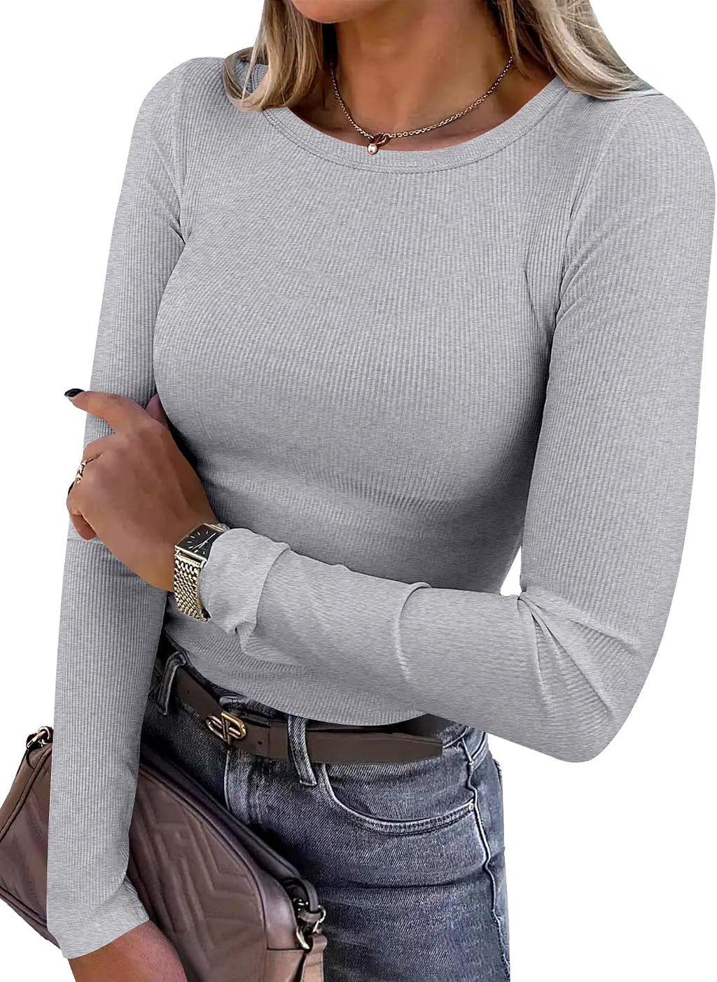 Women Long Sleeve Shirts Ribbed Fitted Tops