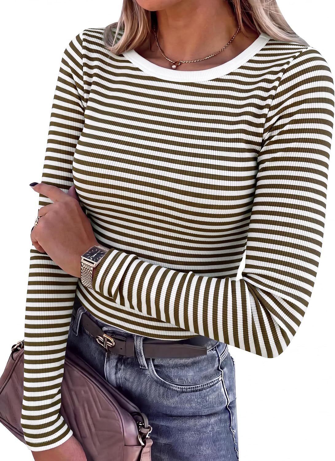 Women Long Sleeve Shirts Ribbed Fitted Tops