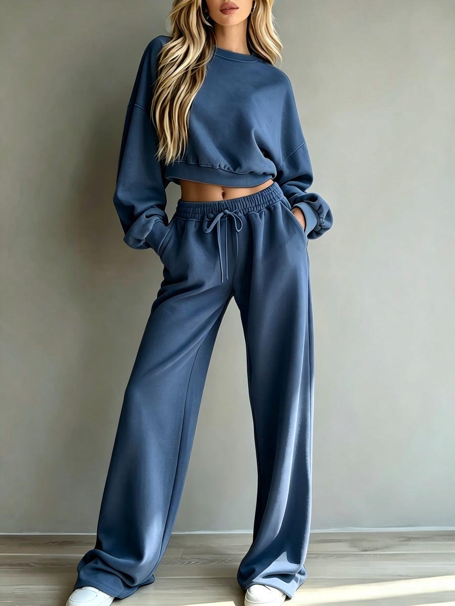 2026 cross-border European and American new autumn/winter casual ultra-short crew neck long-sleeve sweatshirt and wide-leg pants set for women