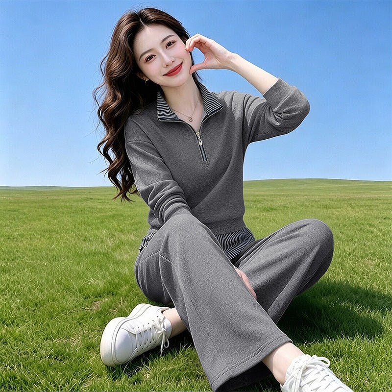 New Fashionable High-Quality Casual Half-Zip Stand Collar Skirt Sports Set for Women, 2026 Spring/Autumn Fashion Wide