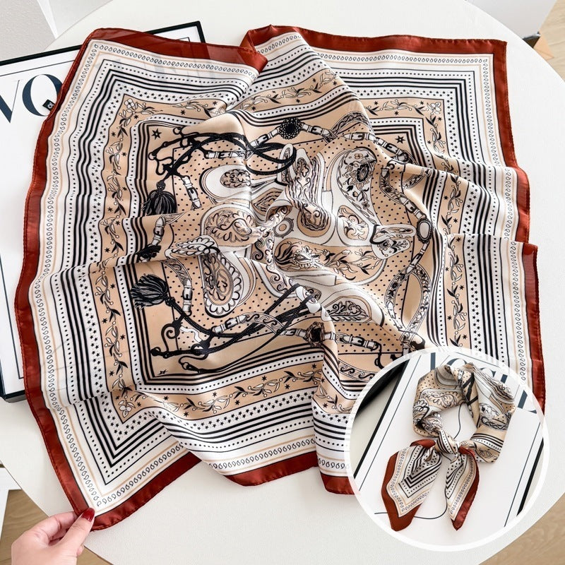 Small square scarf, Chinese style camellia spring and autumn silk scarf for women, Korean style versatile elegant imitation silk scarf, neckscarf tie, bag, and hair tie