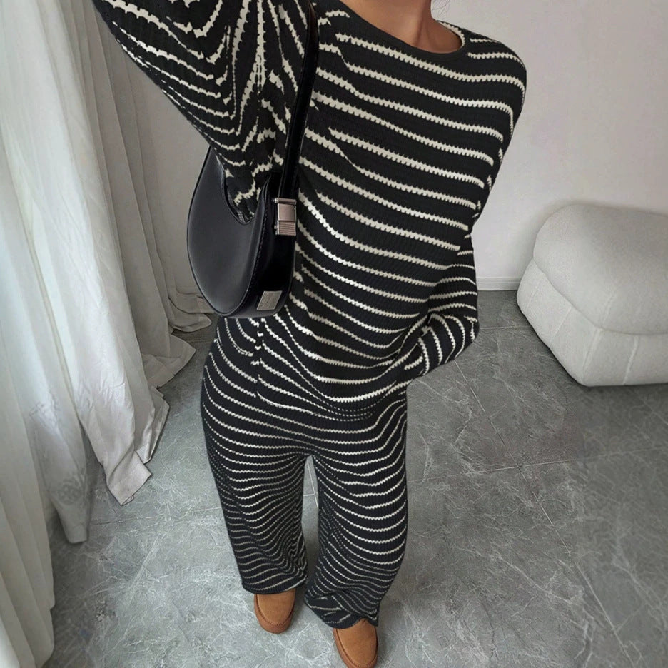 2026 European and American Cross-border Women's Wear Amazon Independent Site Autumn/Winter New Striped Crew Neck Long Sleeve and Long Pants Two-Piece Set