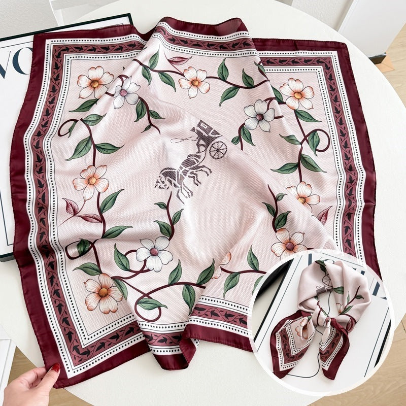 Small square scarf, Chinese style camellia spring and autumn silk scarf for women, Korean style versatile elegant imitation silk scarf, neckscarf tie, bag, and hair tie