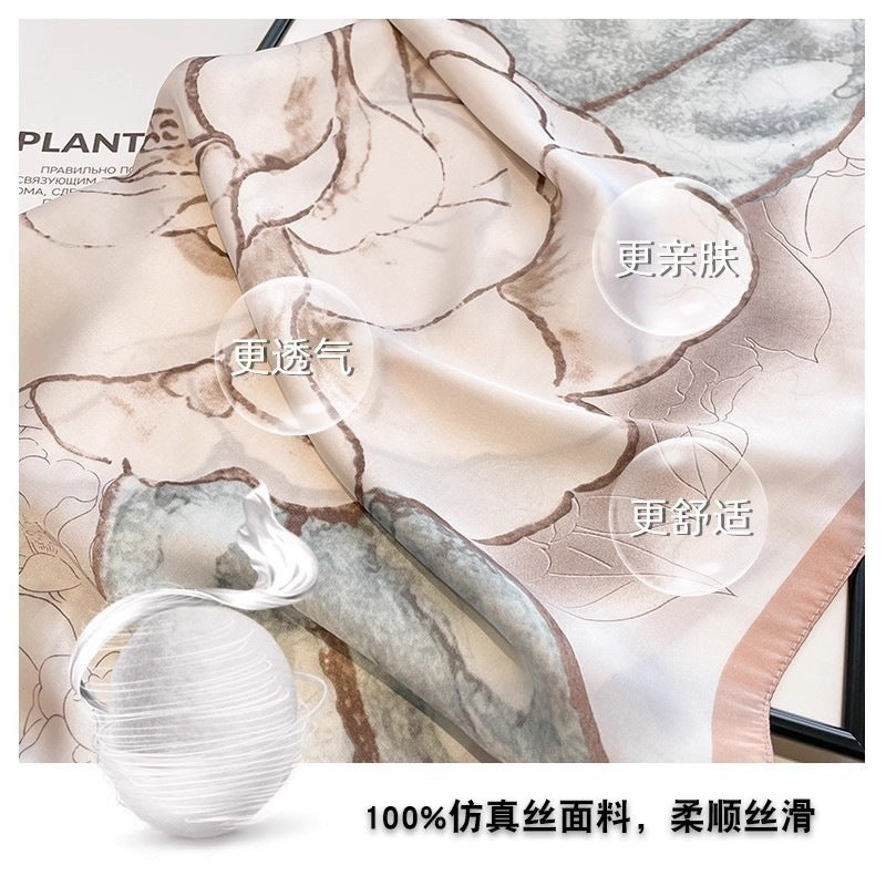 Small square scarf, Chinese style camellia spring and autumn silk scarf for women, Korean style versatile elegant imitation silk scarf, neckscarf tie, bag, and hair tie