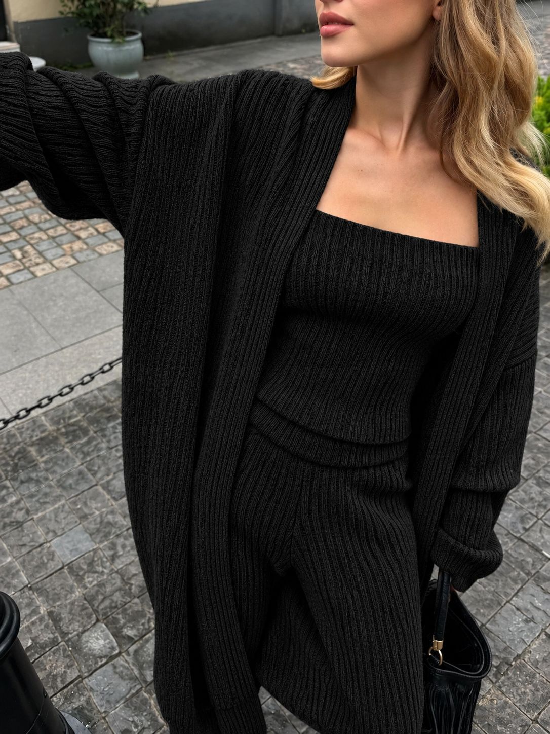 2026 Autumn/Winter European and American high-end knit strapless tank top, high-waist wide-leg pants, loose long cardigan, three-piece set for women