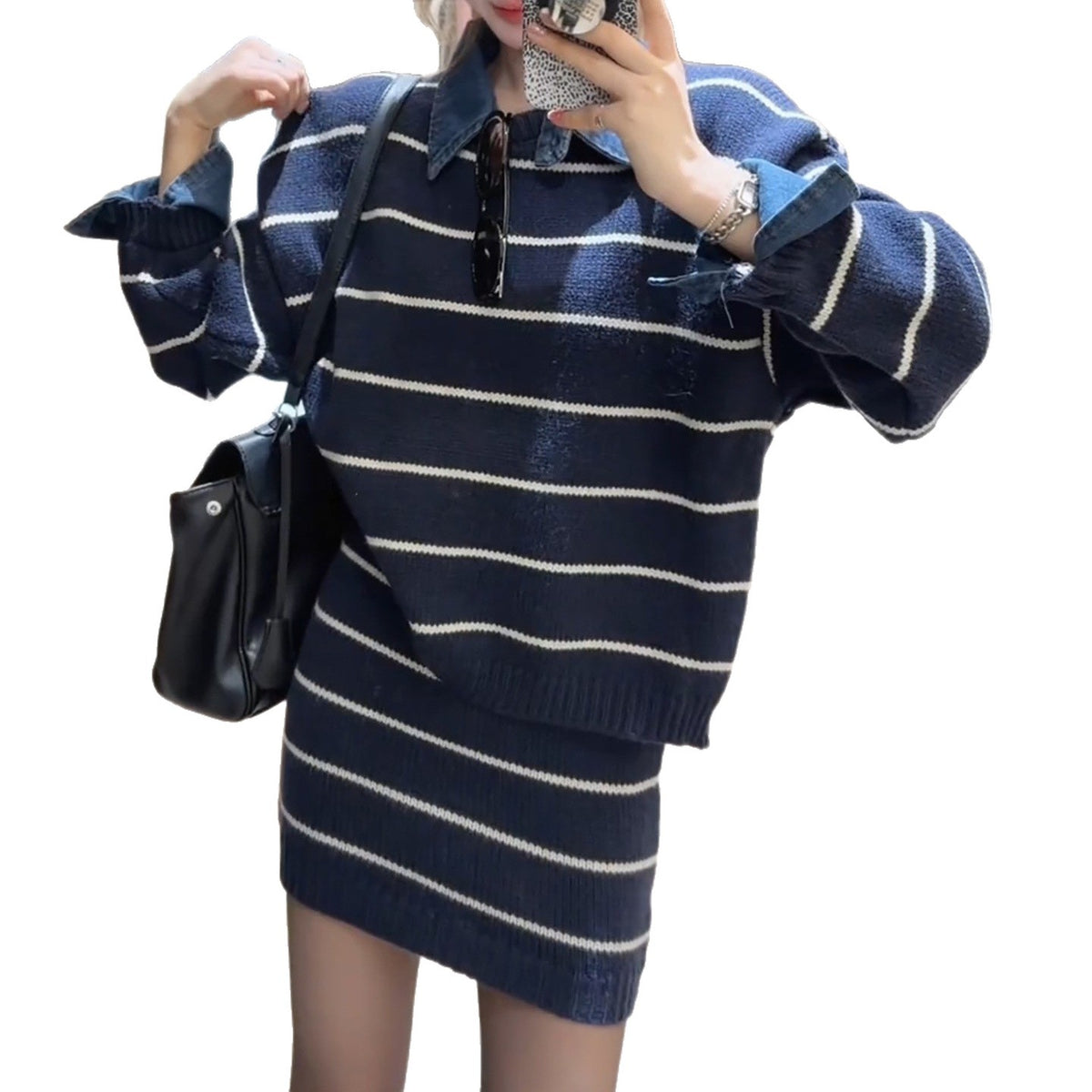 Denim lapel faux two-piece striped knit set, women's short loose sweater, high-waisted short skirt two-piece set