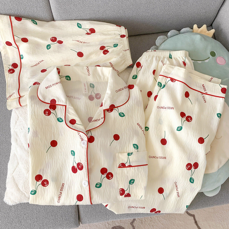 2025 New HelloKitty Cotton Gauze Pajamas Women's Summer Short Sleeve Long Pants Three-Piece Loungewear