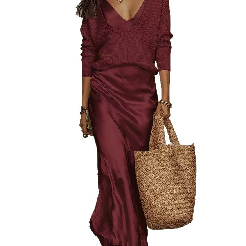Amazon Europe & America Independent Site 2026 New Women's Knit Top, Satin Dress, Elegant Commuter Two-Piece Set