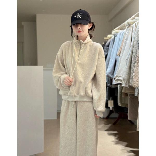 2026 Fashion Sportswear Set: Fleece-Lined Thickened Stand Collar Half Zipper Sweatshirt and Pants, Youthful Design Two-Piece Set for Women