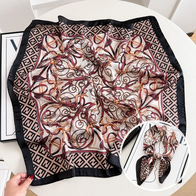 Small square scarf, Chinese style camellia spring and autumn silk scarf for women, Korean style versatile elegant imitation silk scarf, neckscarf tie, bag, and hair tie