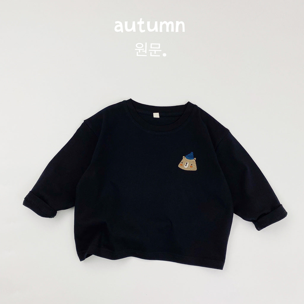 Children's T-shirt long sleeve autumn new Korean version boys' and girls' cartoon embroidered striped base shirt solid color versatile top