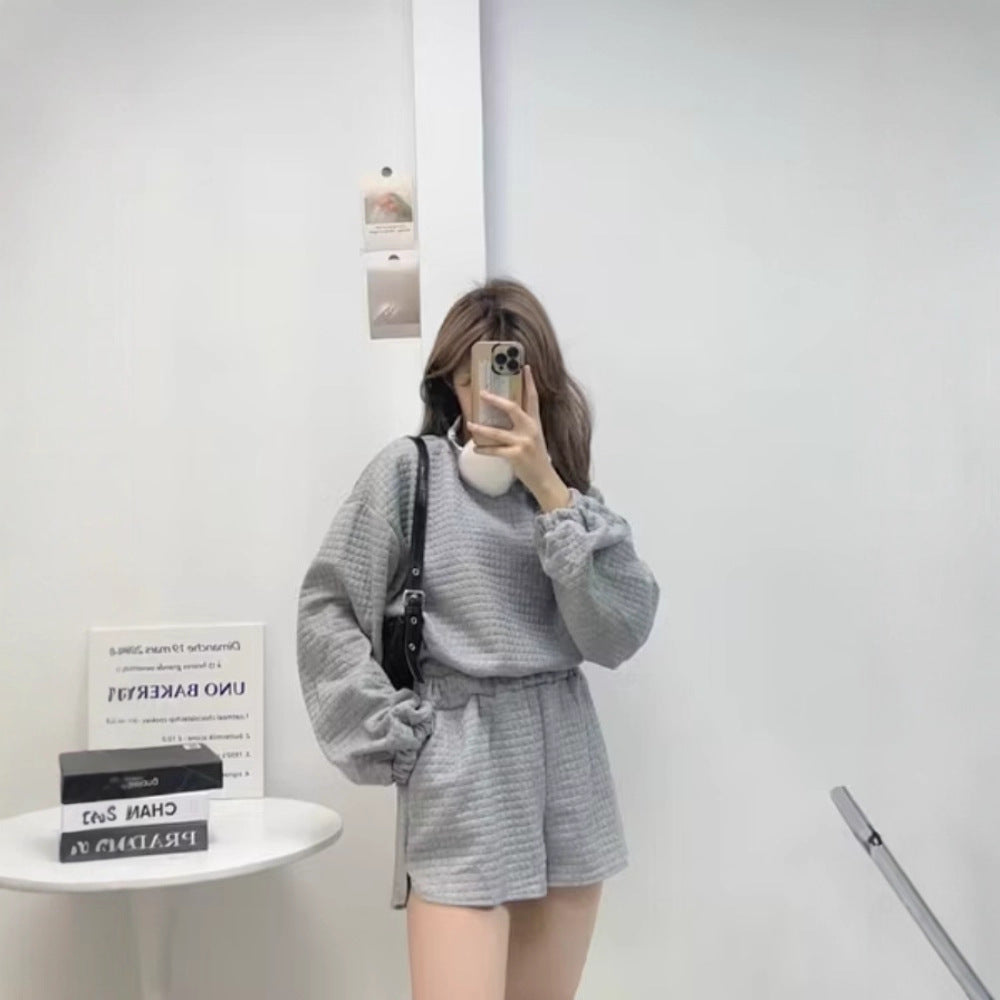 Japanese and Korean Lazy Style Long Sleeve and Shorts Set, Women's 2025 Autumn/Winter New Loose Plus Size Drawstring Sweatshirt Two-Piece Set