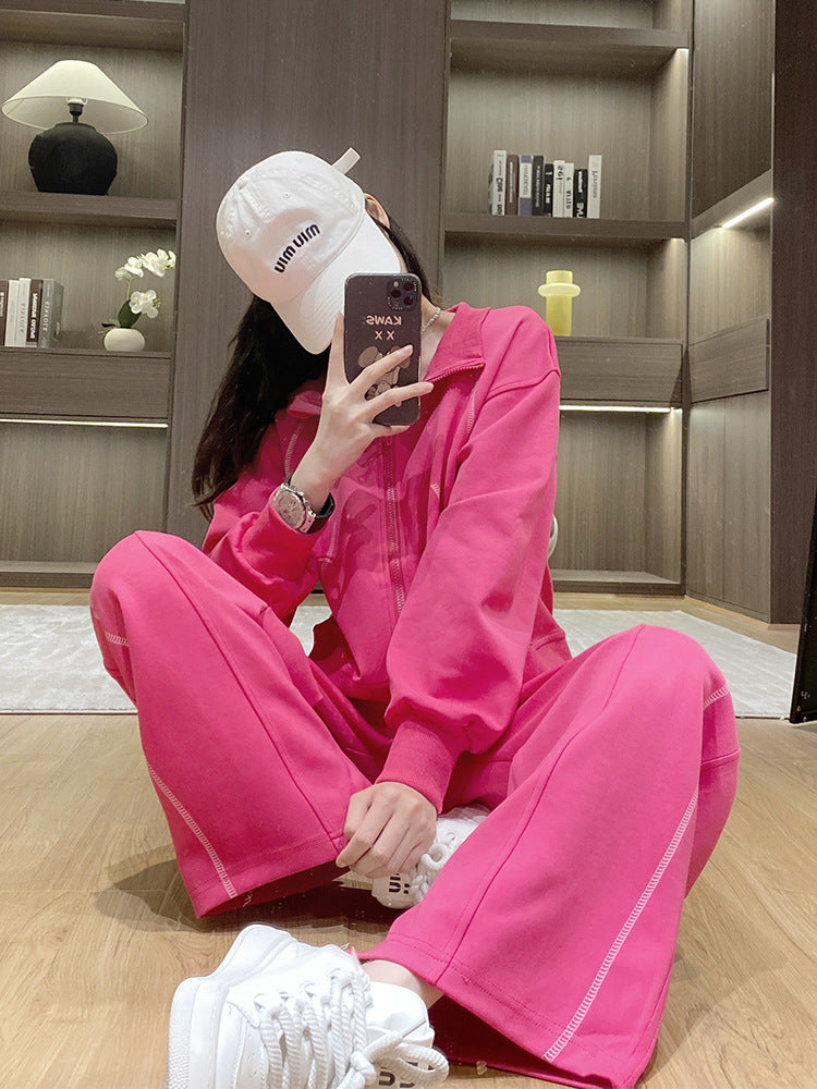 Premium casual sports set for women, autumn 2024 new zipper rose sweatshirt, fashionable and stylish two-piece collar set