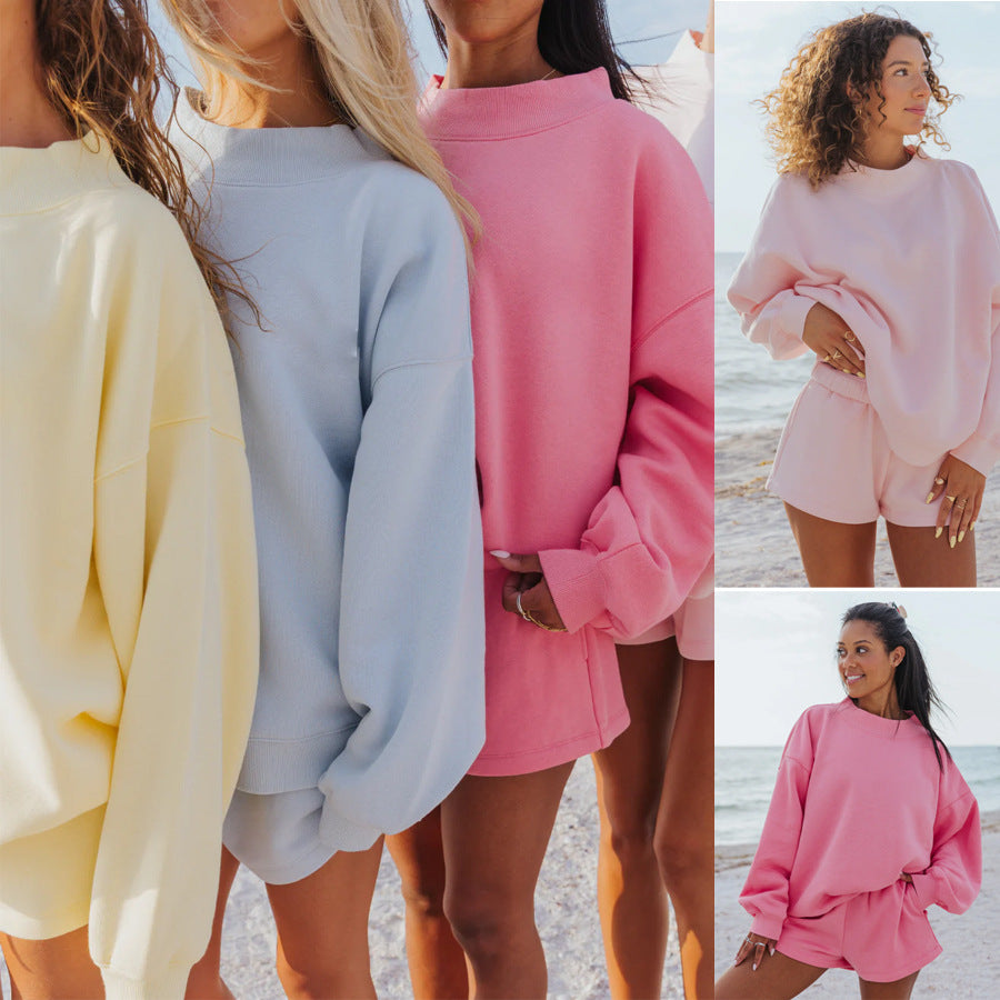 Amazon's new crew neck sweatshirt, long-sleeve casual shorts set, solid color fleece-lined pullover top, loose women's wear