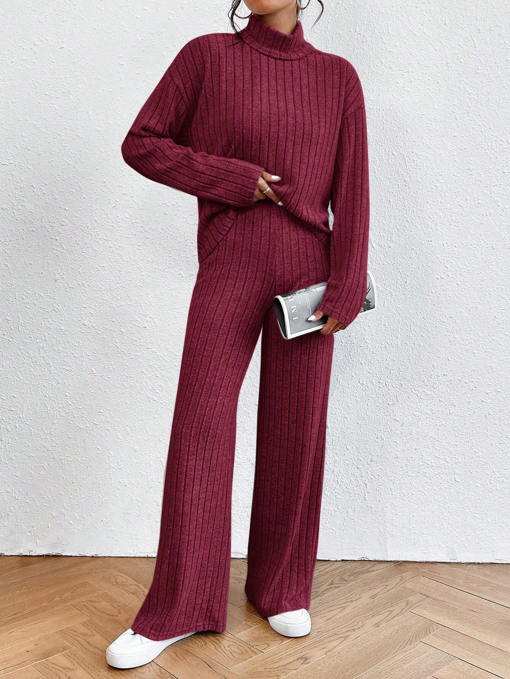 European and American autumn and winter cross-border new fashion women's high neck simple casual long-sleeve sweatshirt straight-leg pants set