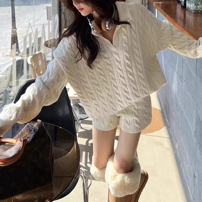 Cross-border Korean version of lapel slimming polo collar twist knitted sweater women's autumn and winter new high-waisted shorts two-piece set