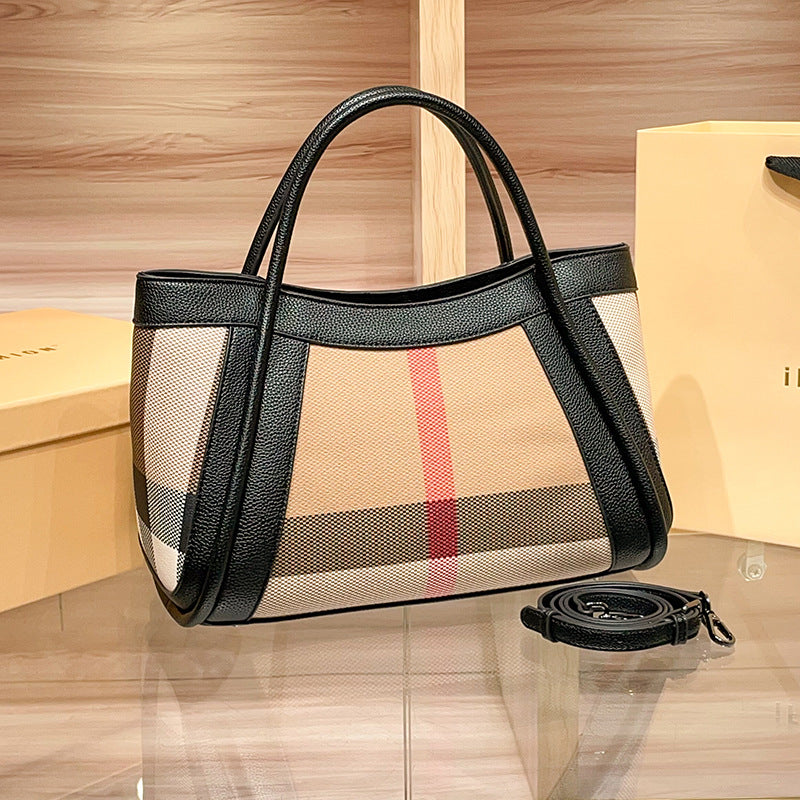 European and American fashion genuine leather large-capacity handbag, plaid tote bag, 2026 new style, women's single shoulder crossbody bag