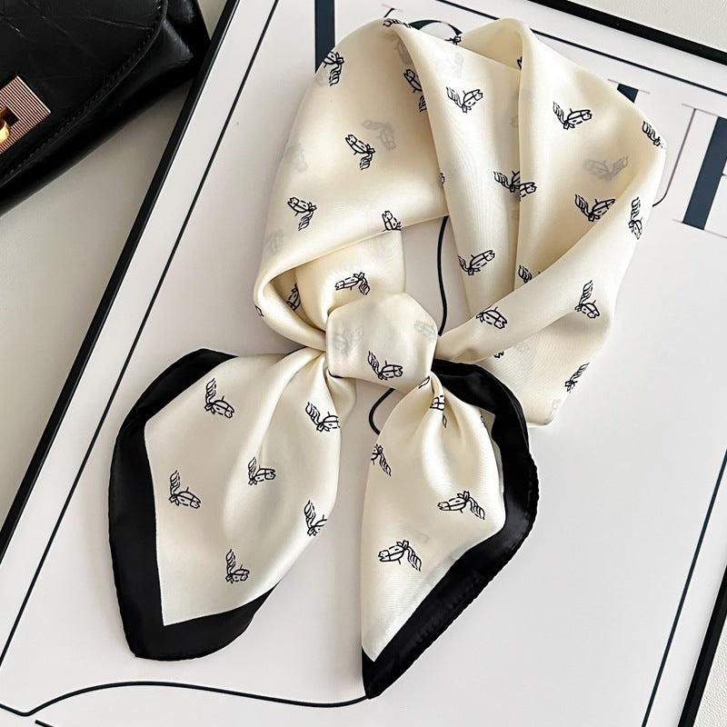 Small square scarf, Chinese style camellia spring and autumn silk scarf for women, Korean style versatile elegant imitation silk scarf, neckscarf tie, bag, and hair tie