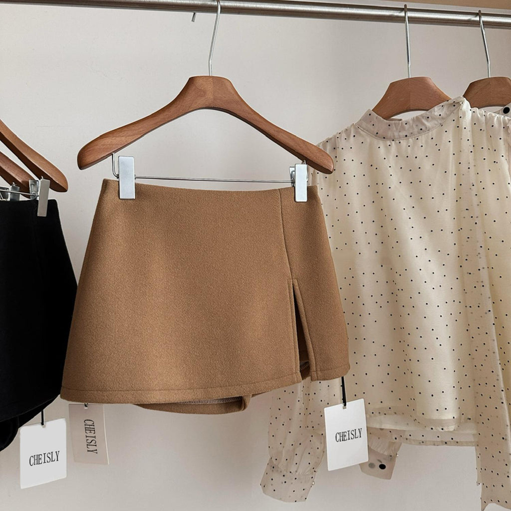 High-end double-slit woolen skirt, feminine temperament, versatile trouser skirt, anti-light skirt, high-waisted A-line skirt