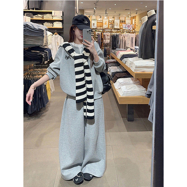 High-end casual sportssuit female autumn student loose slimming Korean version fashion sweatshirt wide-leg pants two-piece set