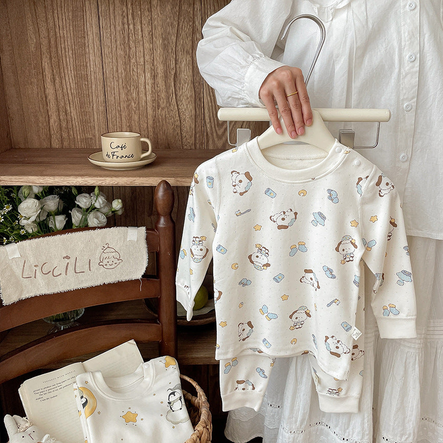 Children's autumn/winter velvet 300g thickened pure cotton autumn shirts and pants homewear set, Class A boneless