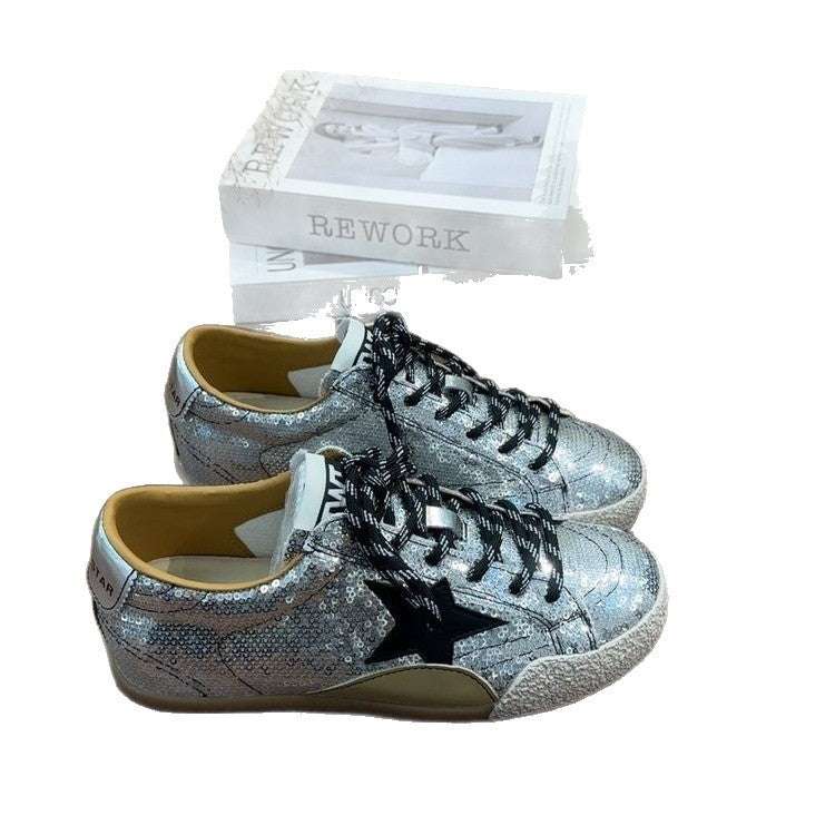 Vintage sequin starboard shoes for women, 2026 trendy new high-end color-block lace-up casual flats