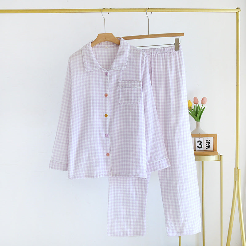 Bubble cotton pajamas, spring and autumn long women's long-sleeve floral thin lapel loungewear set, summer pure cotton pajamas