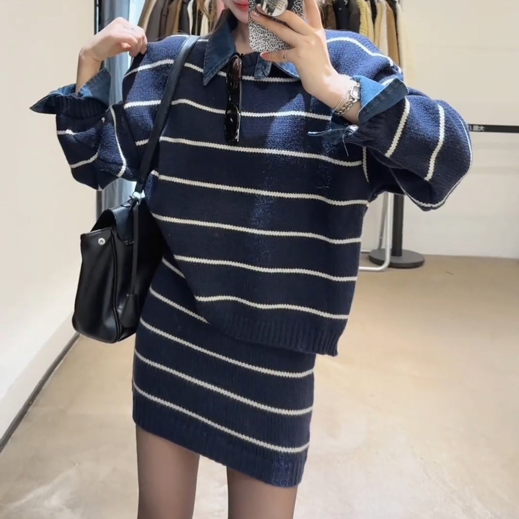 Denim lapel faux two-piece striped knit set, women's short loose sweater, high-waisted short skirt two-piece set