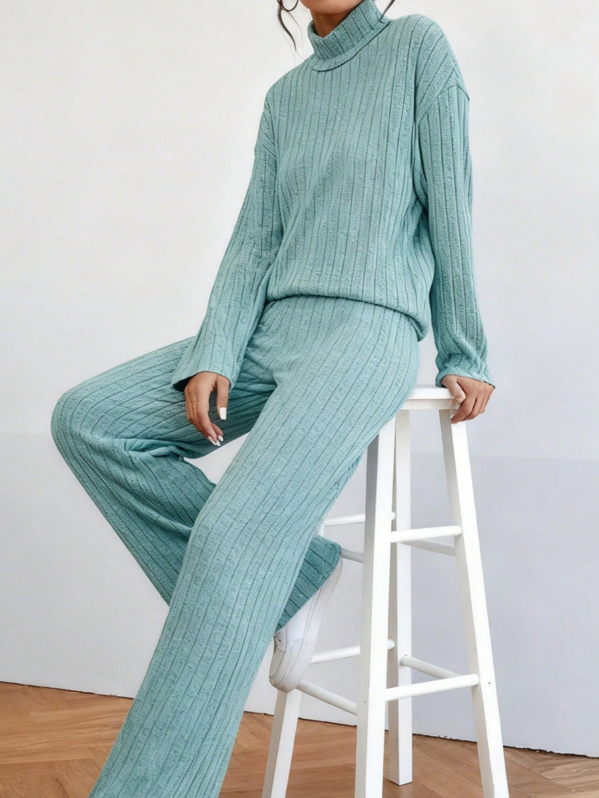 European and American autumn and winter cross-border new fashion women's high neck simple casual long-sleeve sweatshirt straight-leg pants set