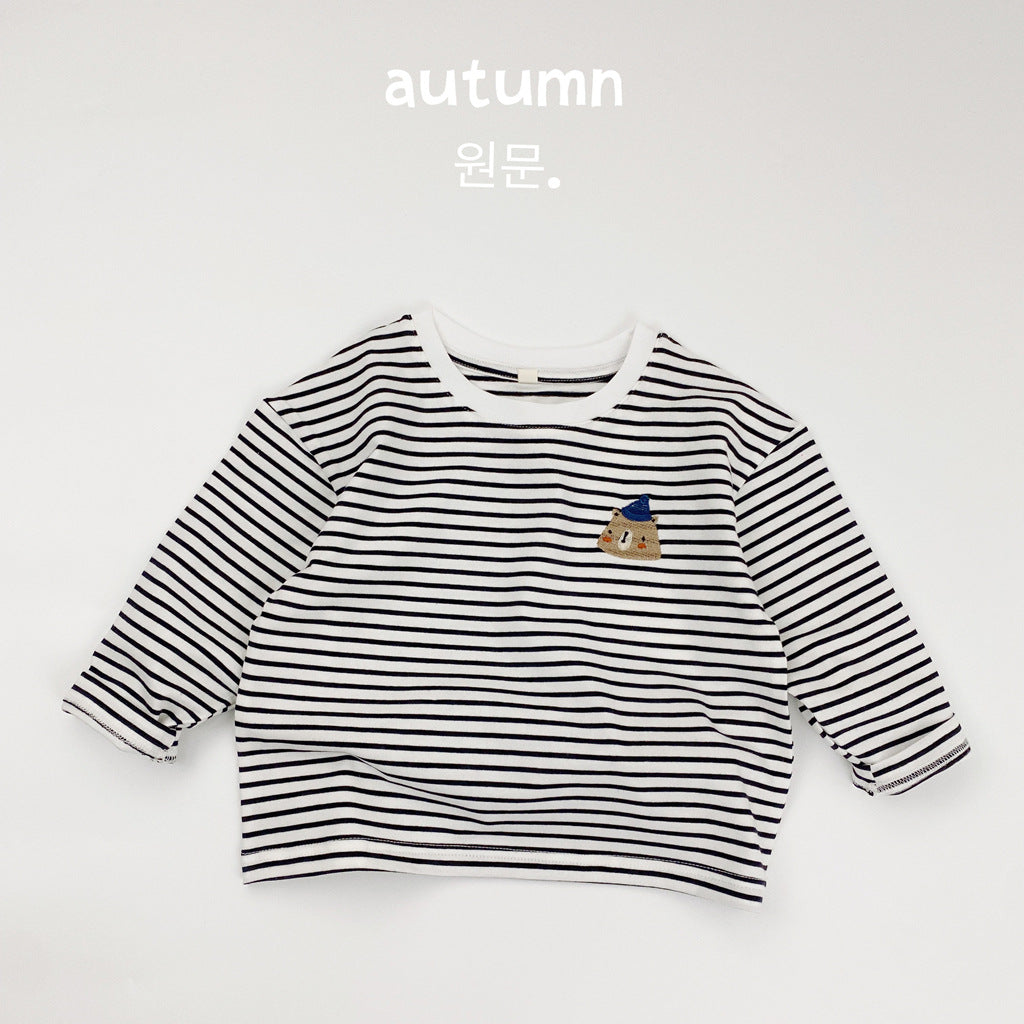 Children's T-shirt long sleeve autumn new Korean version boys' and girls' cartoon embroidered striped base shirt solid color versatile top