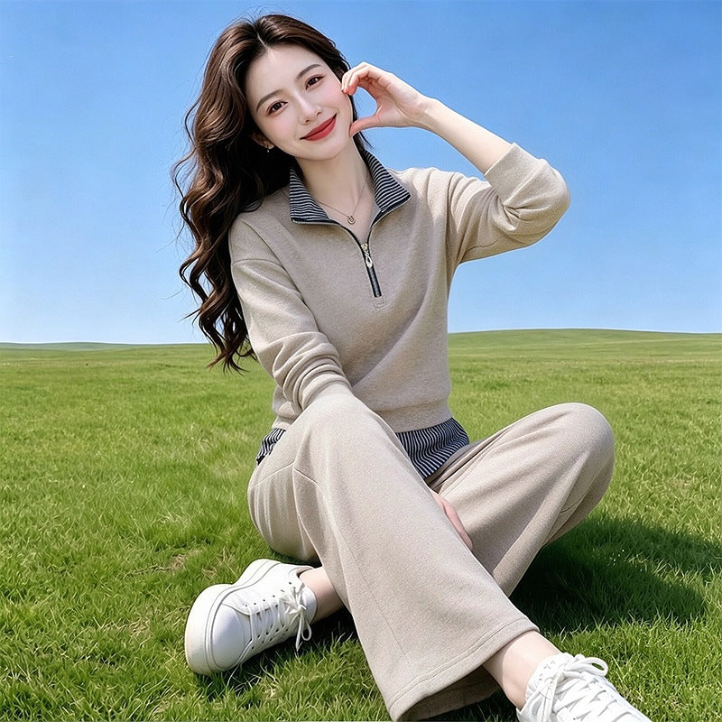 New Fashionable High-Quality Casual Half-Zip Stand Collar Skirt Sports Set for Women, 2026 Spring/Autumn Fashion Wide