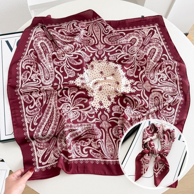 Small square scarf, Chinese style camellia spring and autumn silk scarf for women, Korean style versatile elegant imitation silk scarf, neckscarf tie, bag, and hair tie