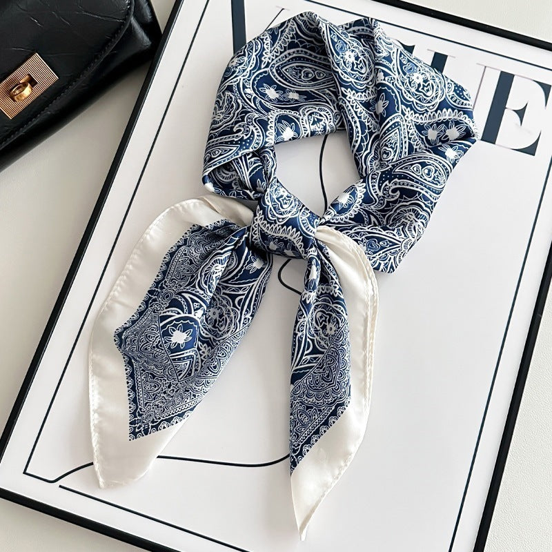 Small square scarf, Chinese style camellia spring and autumn silk scarf for women, Korean style versatile elegant imitation silk scarf, neckscarf tie, bag, and hair tie