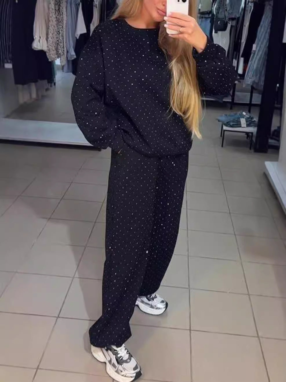2024 European and American cross-border autumn and winter hot women's casual round neck, long sleeves, hot diamond, drawstring and leg two-piece suit