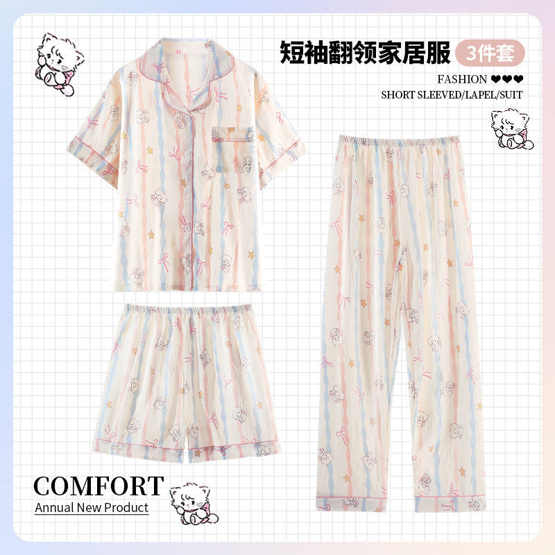 2025 New HelloKitty Cotton Gauze Pajamas Women's Summer Short Sleeve Long Pants Three-Piece Loungewear