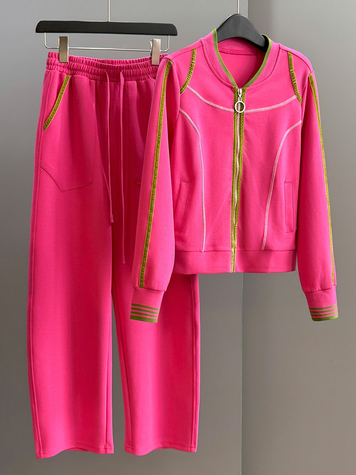 High-end European fashion casual set, women's autumn fuch-red cardigan, wide-leg pants two-piece set, slimming and trendy