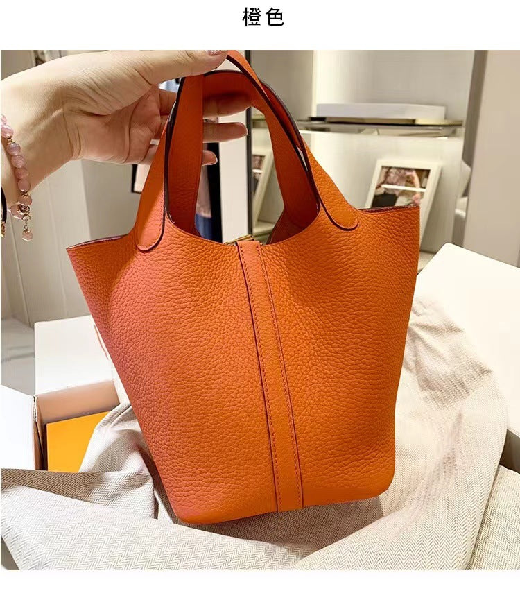 High version full set of packaging, first layer cowhide vegetable basket bag, fashionable and versatile bucket bag, leather simple handbag, women