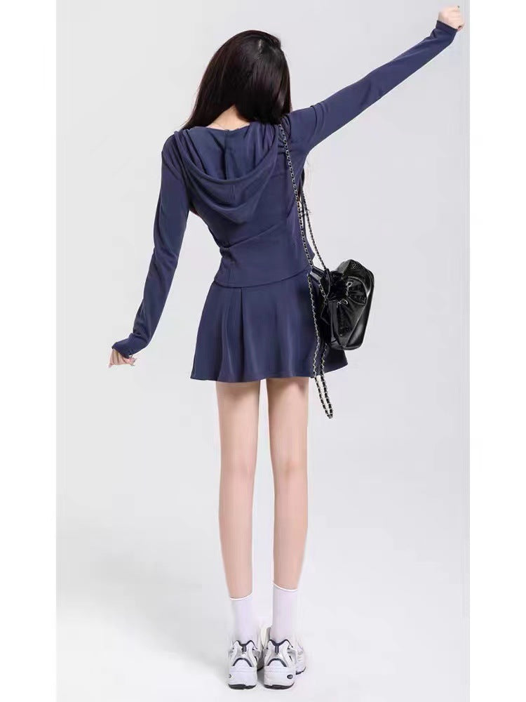 Casual sports set, sweet girl, slim fitted hooded cardigan, spring skirt two-piece set