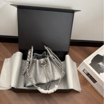 Cross-border fragrant milk cowhide caviar 25bag mini diamond pattern underarm chain drawstring bucket single-shoulder women's bag