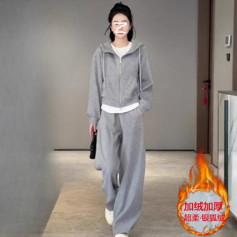 2026 Fashion Sportswear Set: Fleece-Lined Thickened Stand Collar Half Zipper Sweatshirt and Pants, Youthful Design Two-Piece Set for Women