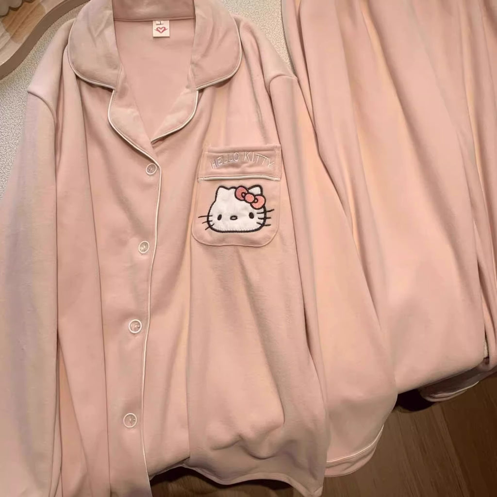 HelloKitty Velvet Pajamas Women's Autumn and Winter Coral Velvet Thickened Long Sleeve Spring and Autumn Loungewear Set