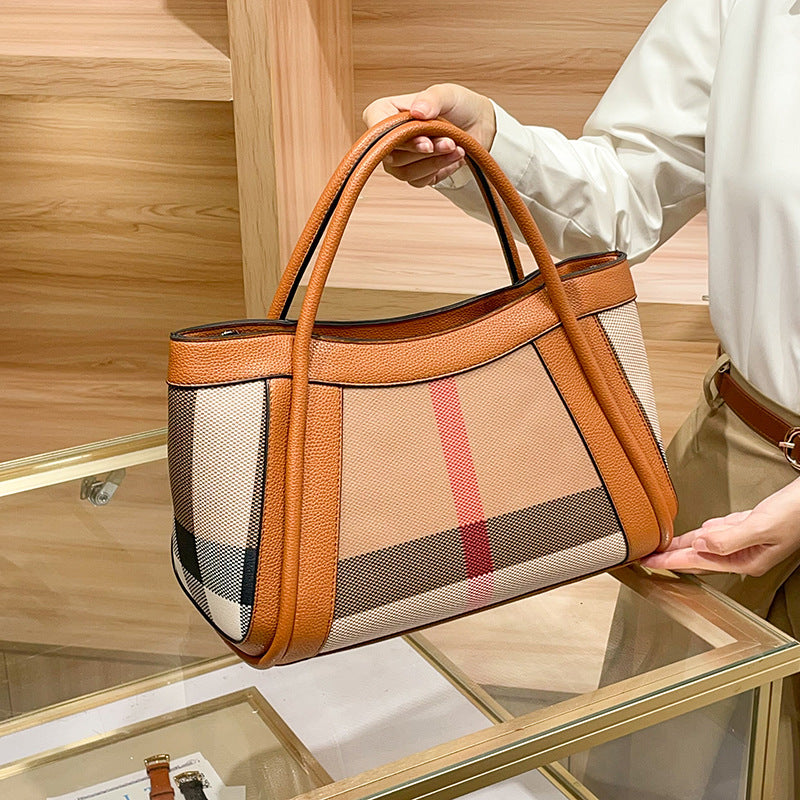 European and American fashion genuine leather large-capacity handbag, plaid tote bag, 2026 new style, women's single shoulder crossbody bag