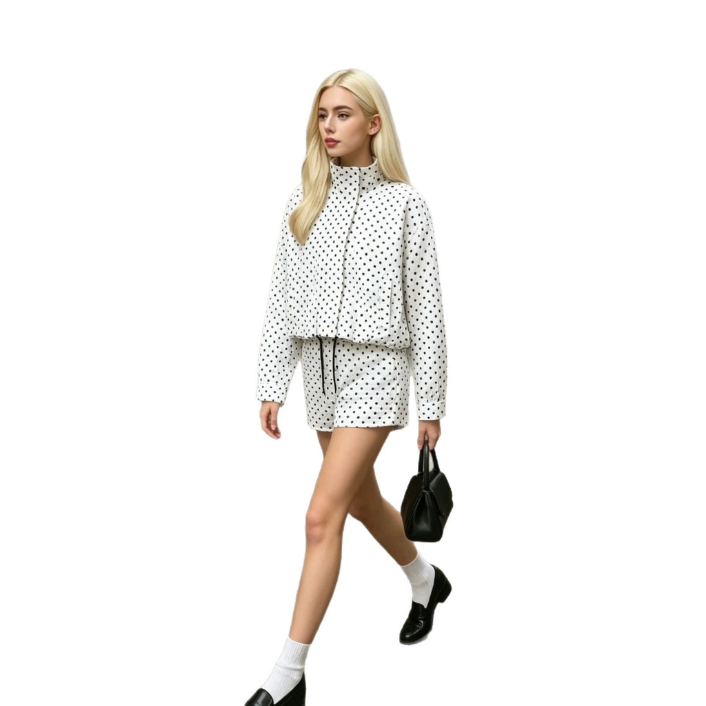 Cross-border foreign trade new European and American style stand-collar women's polka dot seerserian pilot jacket elegant drawstring jacket for women